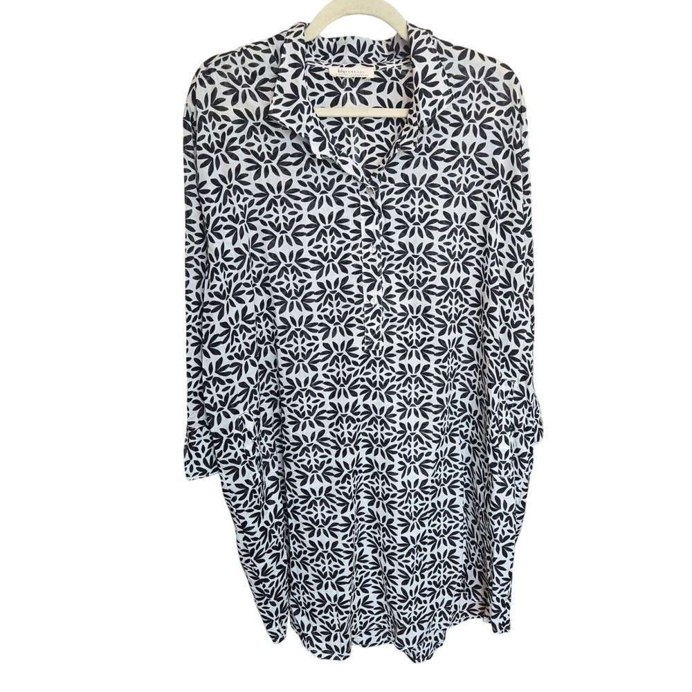 BluThreads RockFlowerPaper Button Down Dress Tunic Black White CoverUp Cotton XL